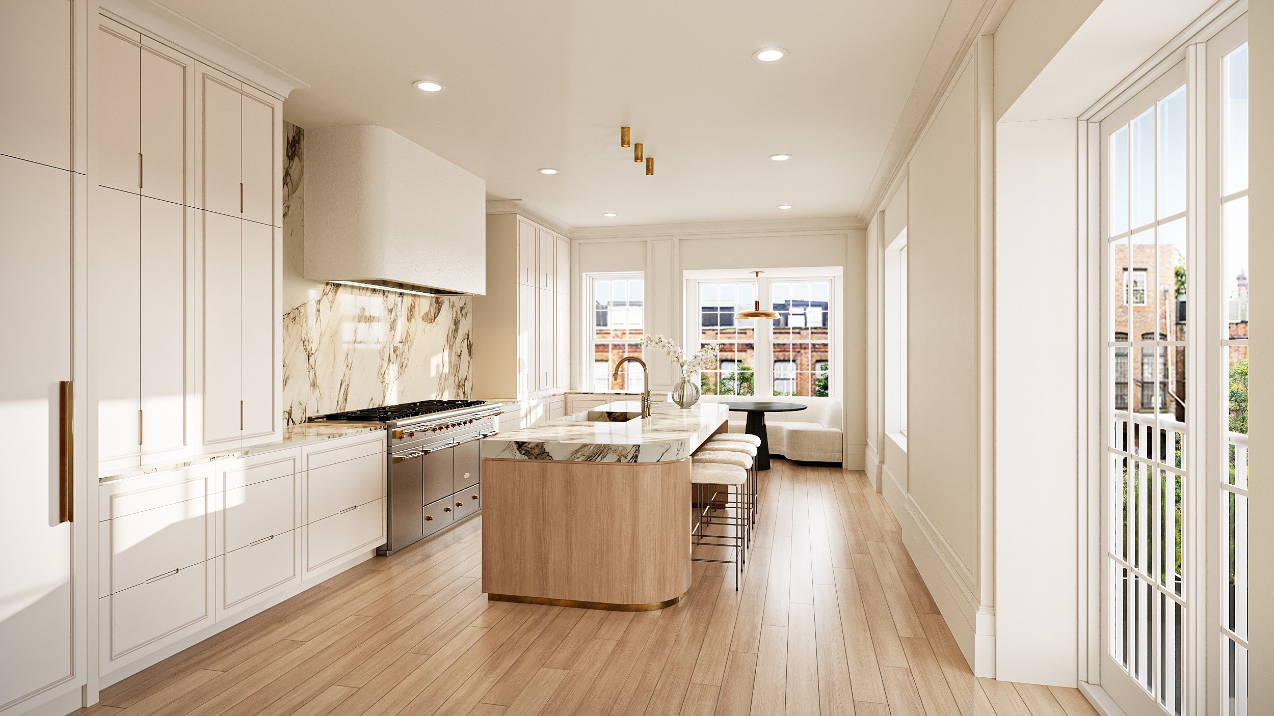The gourmet kitchen features views of the Boston skyline.
