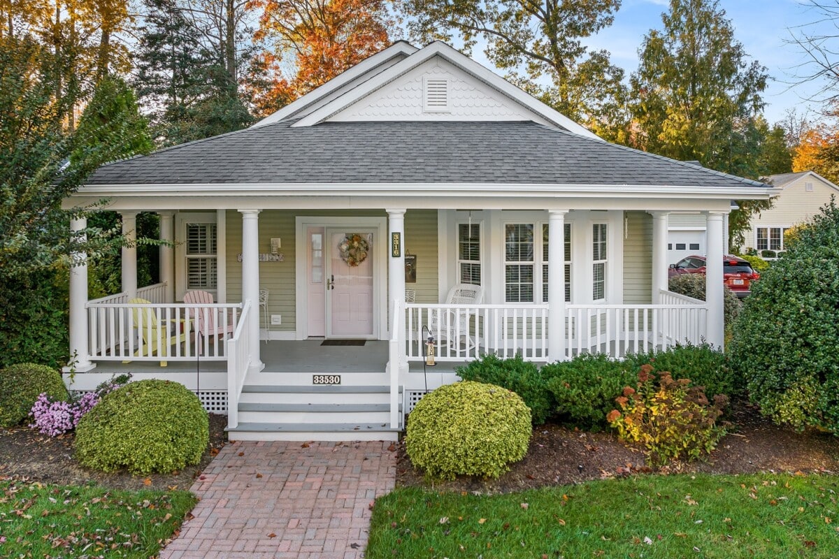 bungalow home with white detailing and front porch