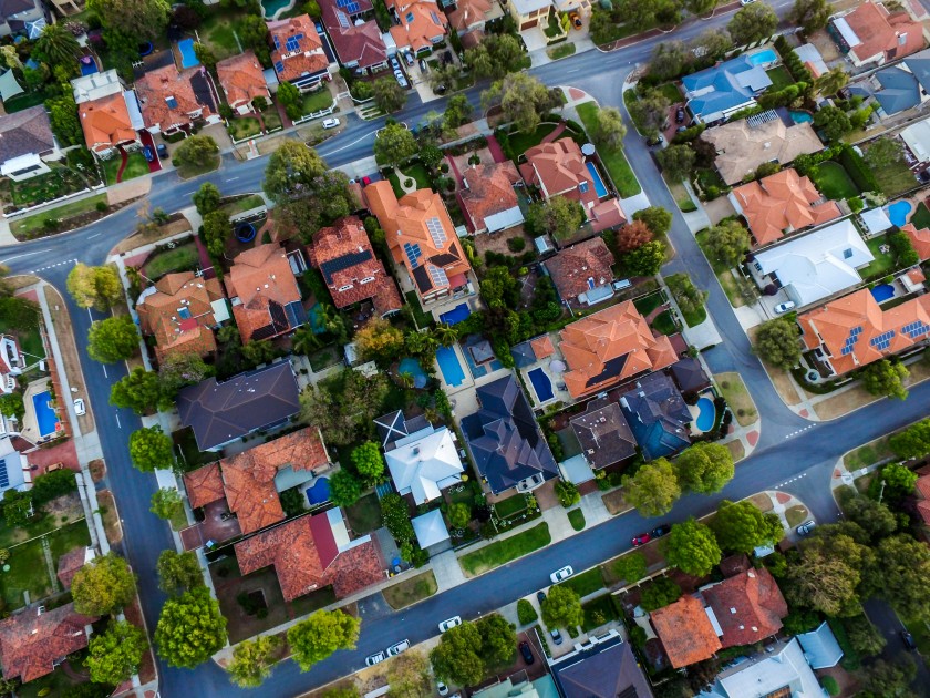 An aerial photo of a neighborhood.