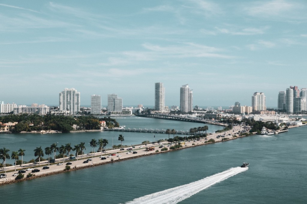 miami skyline with view of ocean and bridge