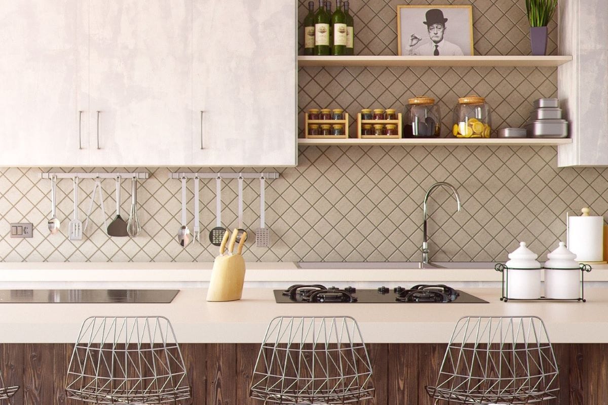 kitchen island with metal stools