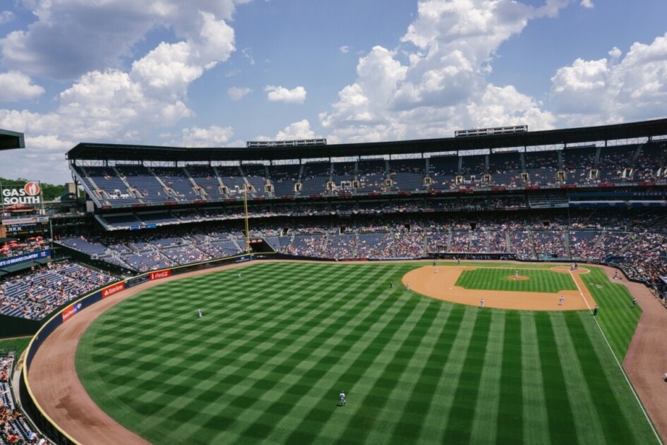 A baseball stadium during the day
