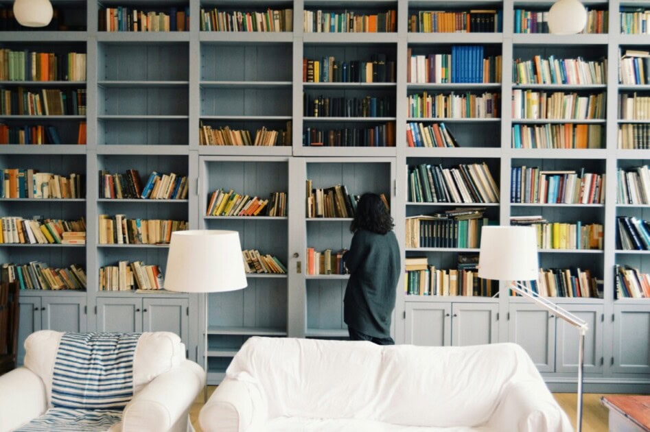 Room with a large bookshelf