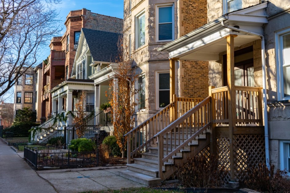 An older row of homes in a city where you could do a house history search for historical context.