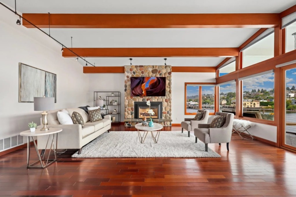 bright white living room in home for sale in seattle