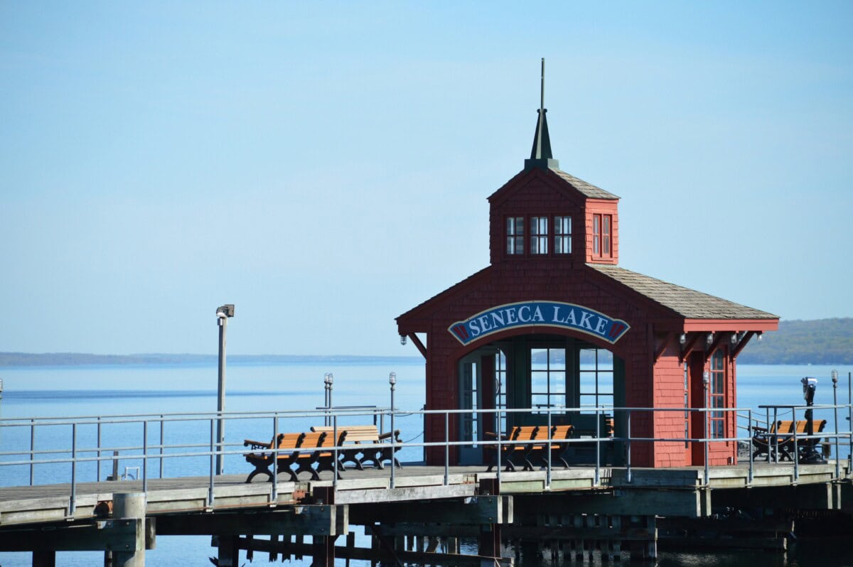 seneca lake sign and building on the pier