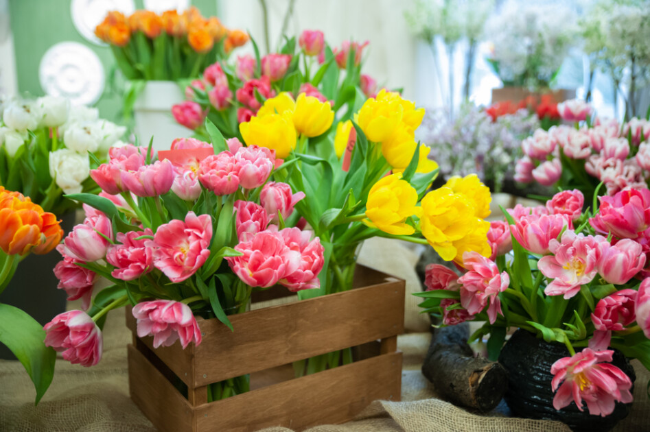 Bright spring flowers sit in a wooden box