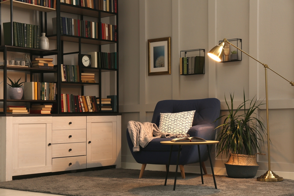 moody, cozy at home library
