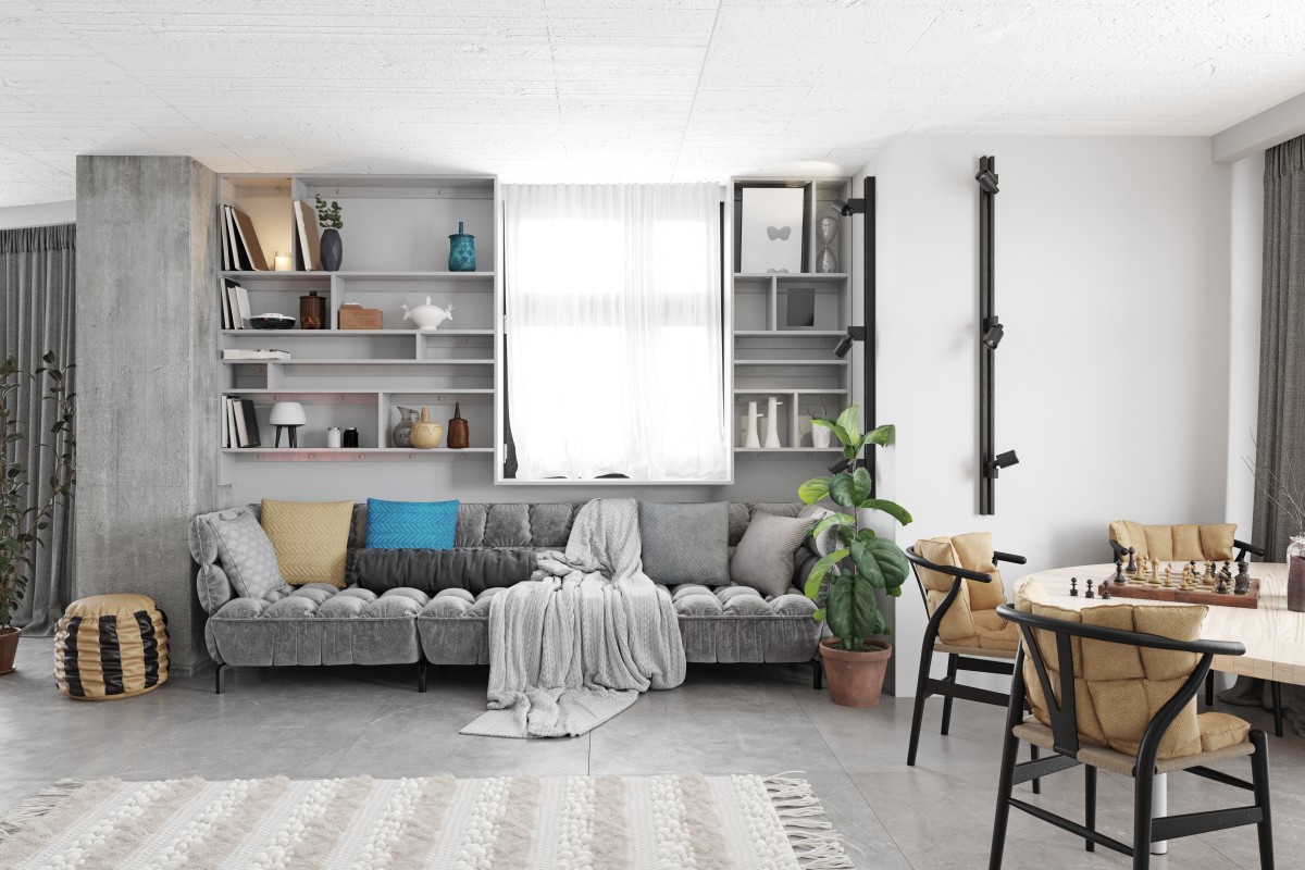 Modern Living room interior design, wooden furniture, white kitchen, neutral color scheme.3d render