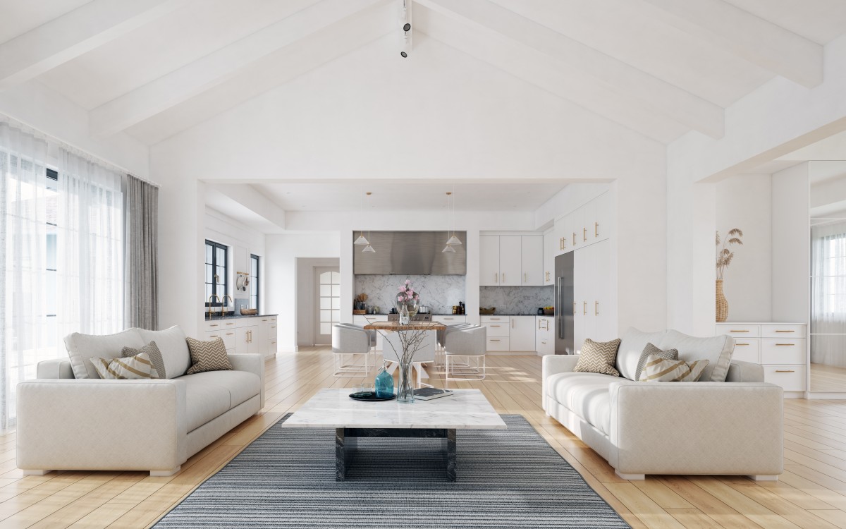 Modern Living room interior design, white kitchen, neutral color scheme. 3D concept rendering