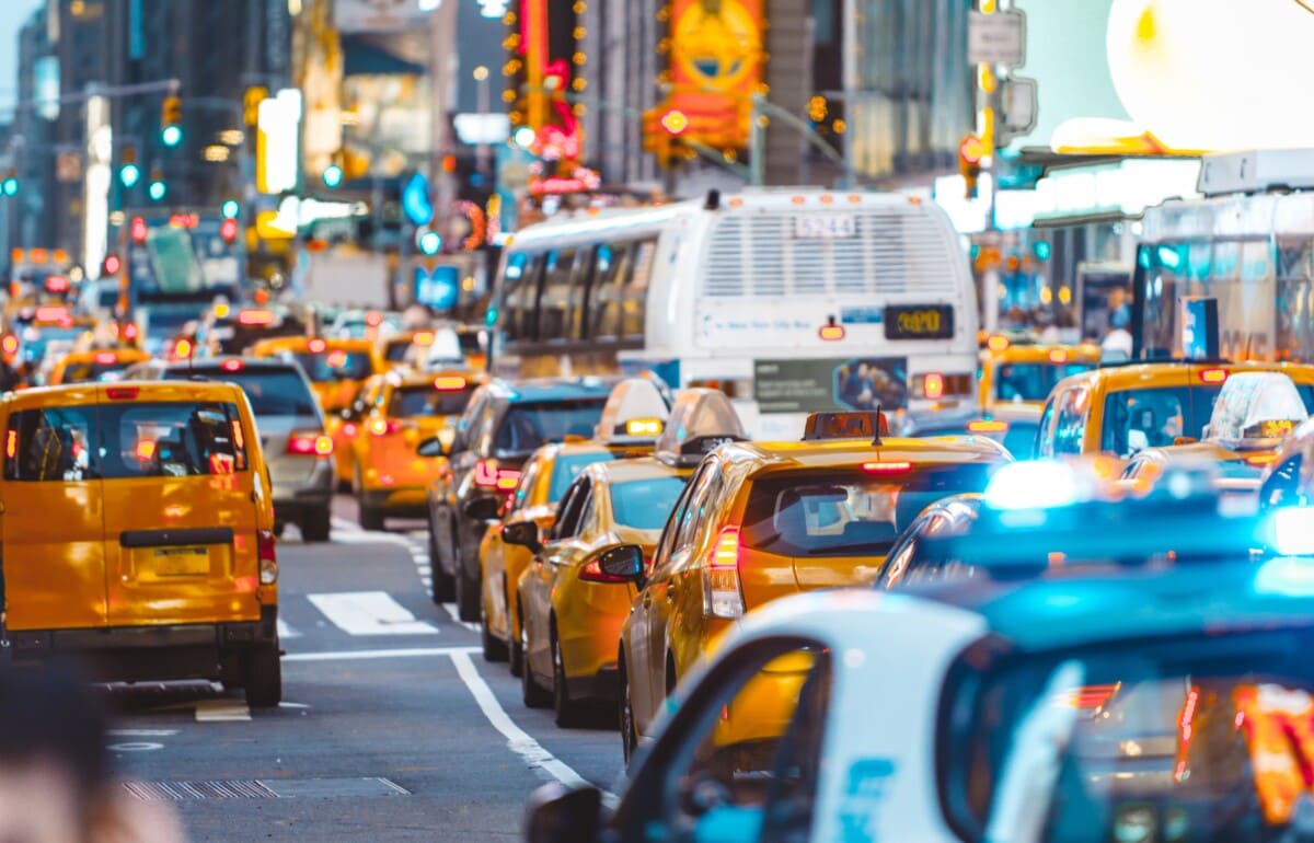 new york city streets busy and taxis