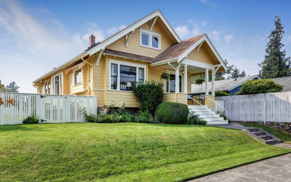 The outside of a yellow house.