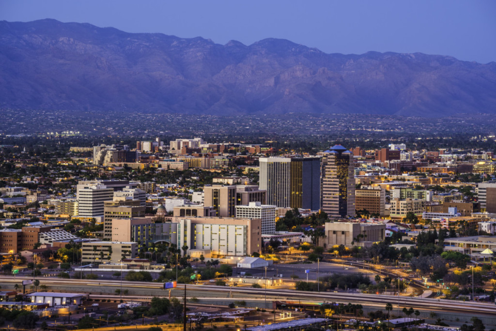 Tucson Arizona skyline and Santa Catalina Mountains at dusk.
