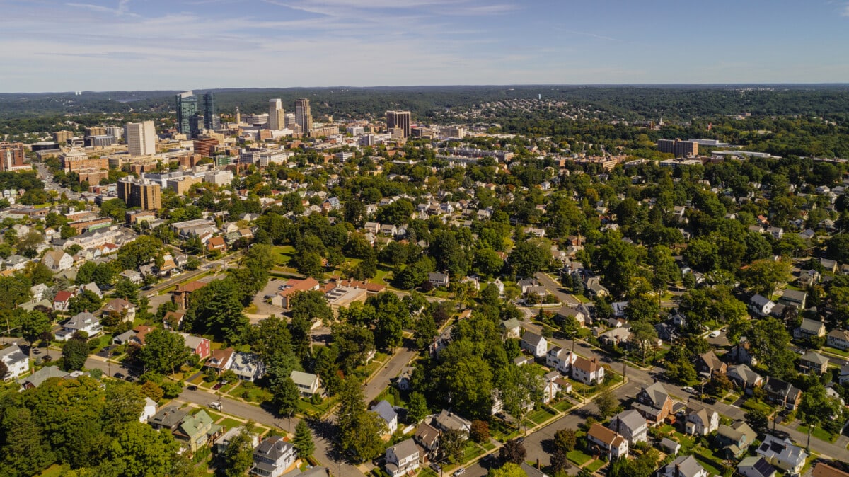 The aerial drone view of the residential district of White Plains, the city in Westchester County, New York State, USA